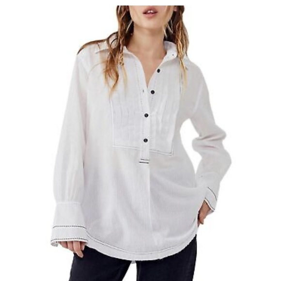 Free People We The Free Black Tie Tux Blouse LARGE - Picture 3 of 8